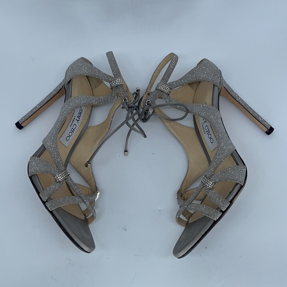 Jimmy Choo Silver Glitter Strappy rhinestone ankle tie peep toe heels 37 - Picture 4 of 9